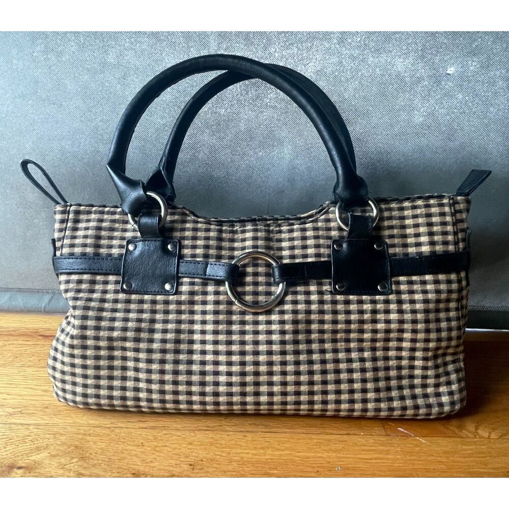 Longaberger Homestead Gingham Satchel Shoulder Bag Black Tan Zip Top Purse